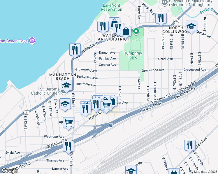 map of restaurants, bars, coffee shops, grocery stores, and more near 15812 Huntmere Avenue in Cleveland
