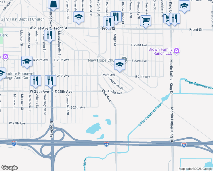 map of restaurants, bars, coffee shops, grocery stores, and more near 2456 Prospect St in Gary