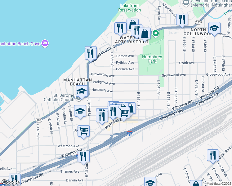 map of restaurants, bars, coffee shops, grocery stores, and more near 15610 Huntmere Avenue in Cleveland