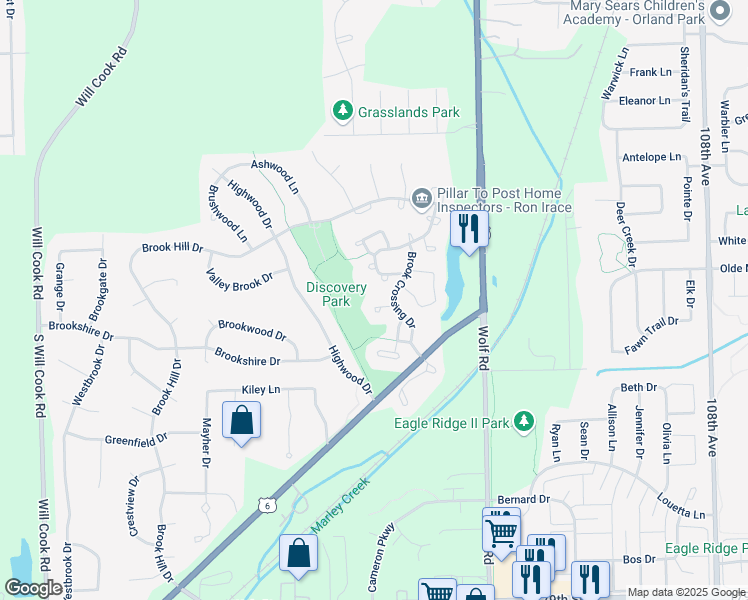map of restaurants, bars, coffee shops, grocery stores, and more near 17388 Brook Crossing Lane in Orland Park