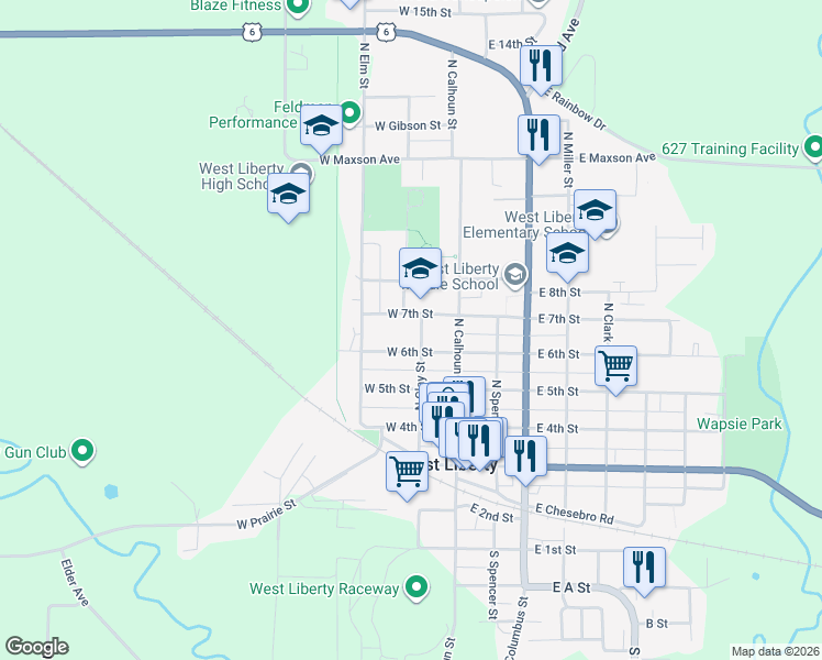 map of restaurants, bars, coffee shops, grocery stores, and more near 614 North Clay Street in West Liberty