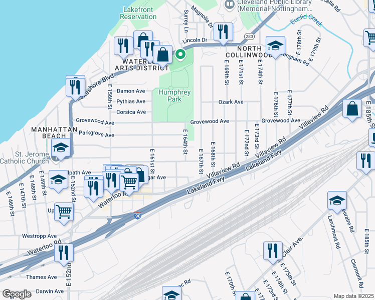 map of restaurants, bars, coffee shops, grocery stores, and more near 16402 Huntmere Avenue in Cleveland