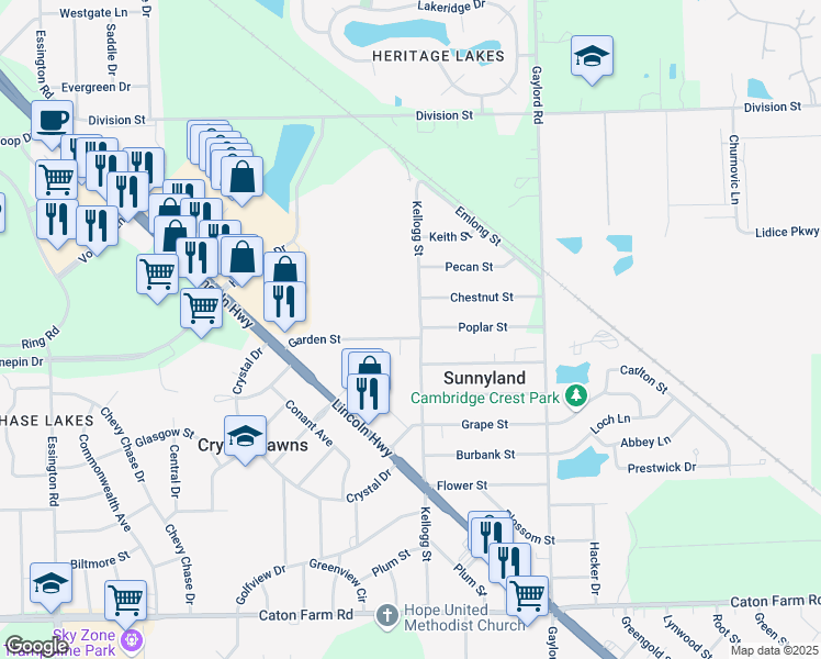 map of restaurants, bars, coffee shops, grocery stores, and more near 2501 Garden Street in Joliet
