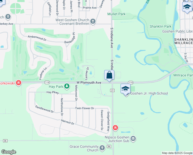 map of restaurants, bars, coffee shops, grocery stores, and more near 1135 Oxford Ct in Goshen