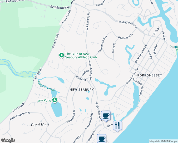 map of restaurants, bars, coffee shops, grocery stores, and more near 177 Rock Landing Road in Mashpee