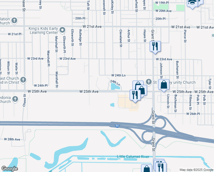 map of restaurants, bars, coffee shops, grocery stores, and more near 2450 Roosevelt Street in Gary