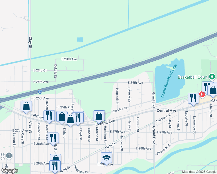 map of restaurants, bars, coffee shops, grocery stores, and more near 2425 Hamilton Street in Lake Station