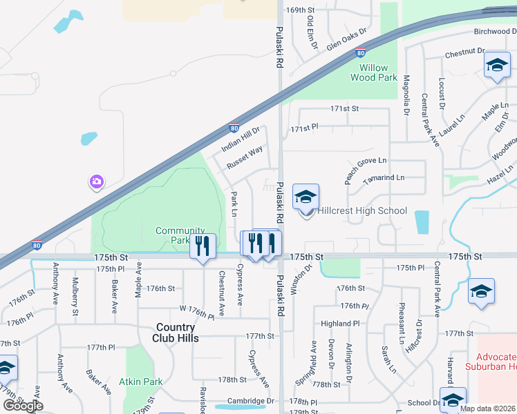 map of restaurants, bars, coffee shops, grocery stores, and more near 17473 Eastgate Drive in Country Club Hills