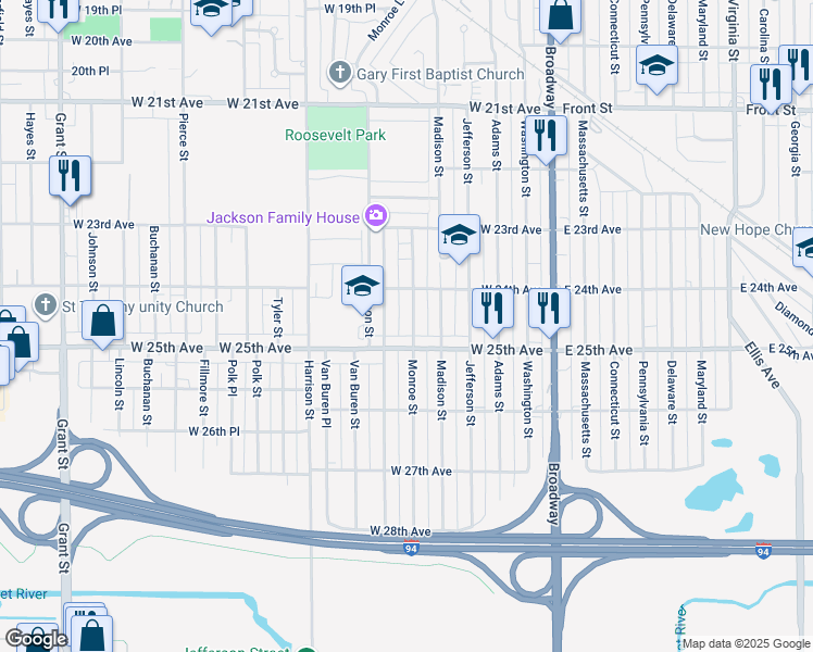 map of restaurants, bars, coffee shops, grocery stores, and more near 2448 Monroe Street in Gary