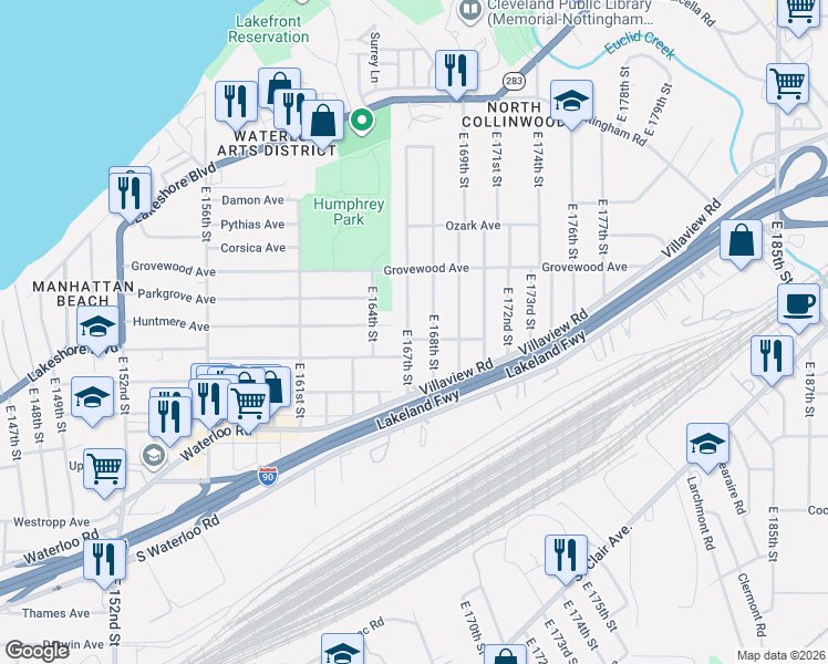 map of restaurants, bars, coffee shops, grocery stores, and more near 1237 East 167th Street in Cleveland