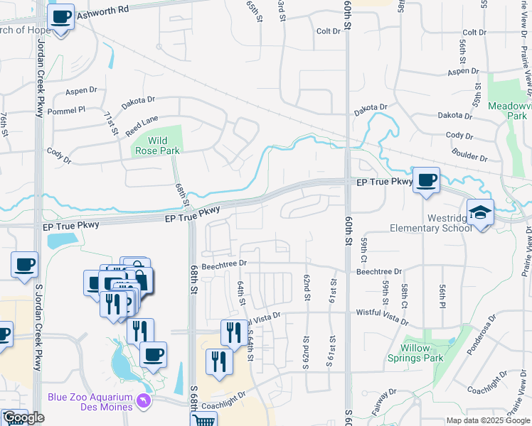 map of restaurants, bars, coffee shops, grocery stores, and more near 6370 EP True Parkway in West Des Moines