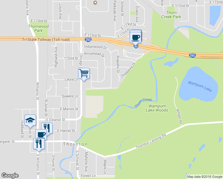 map of restaurants, bars, coffee shops, grocery stores, and more near 102 Indianwood Drive in Thornton