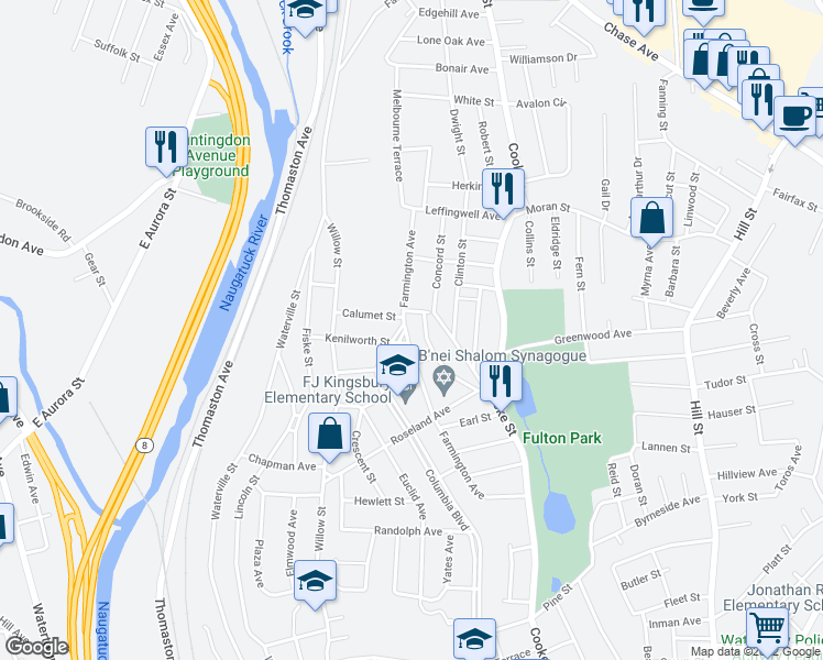 map of restaurants, bars, coffee shops, grocery stores, and more near 326 Farmington Avenue in Waterbury