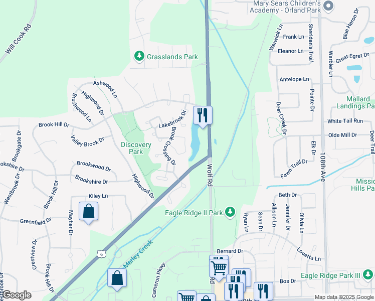 map of restaurants, bars, coffee shops, grocery stores, and more near 17335 Brook Crossing Court in Orland Park