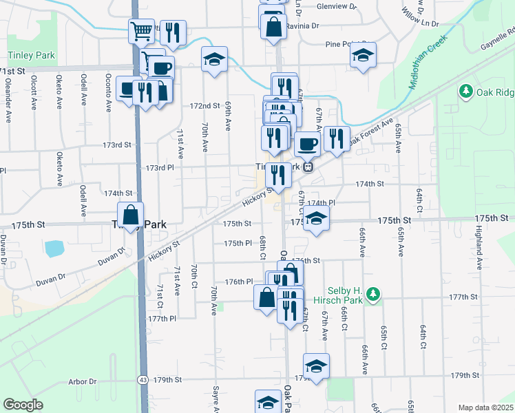 map of restaurants, bars, coffee shops, grocery stores, and more near 17438 68th Court in Tinley Park