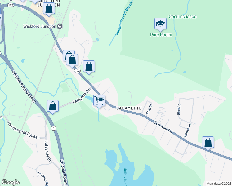 map of restaurants, bars, coffee shops, grocery stores, and more near 43 Advent Street in North Kingstown