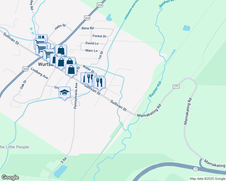 map of restaurants, bars, coffee shops, grocery stores, and more near 22 Pine Street in Wurtsboro