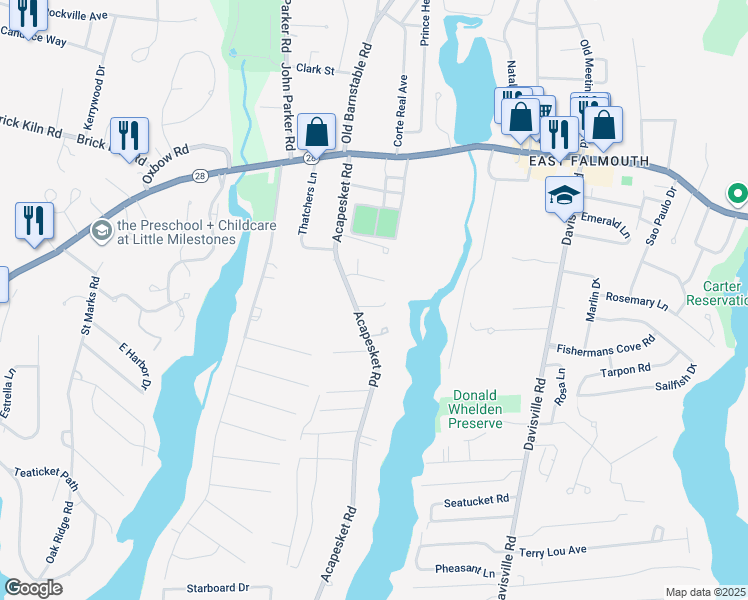map of restaurants, bars, coffee shops, grocery stores, and more near 8 Sykes Lane in Falmouth