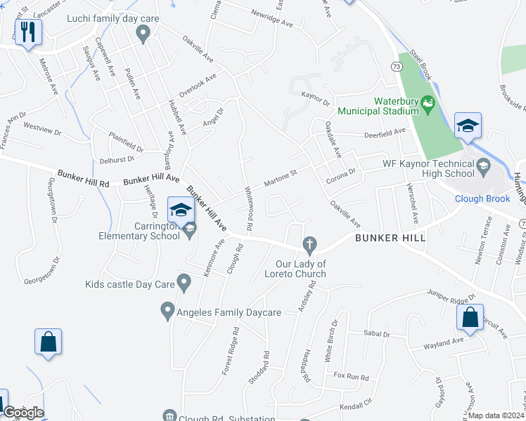 map of restaurants, bars, coffee shops, grocery stores, and more near 47 Sunnybrook Bend in Waterbury