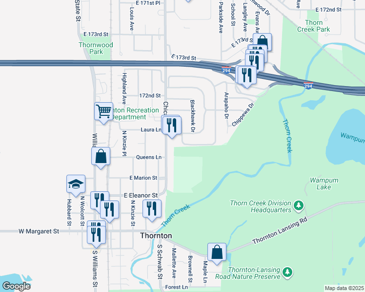map of restaurants, bars, coffee shops, grocery stores, and more near 128 Indianwood Drive in Thornton