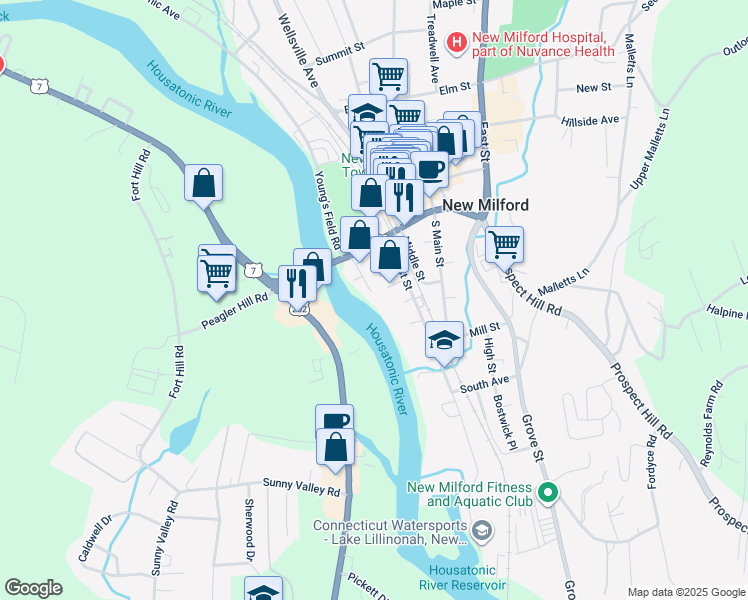 map of restaurants, bars, coffee shops, grocery stores, and more near 16 Spring Street in New Milford
