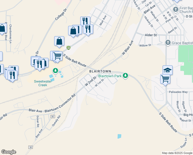map of restaurants, bars, coffee shops, grocery stores, and more near 1310 West 2nd Street in Rock Springs