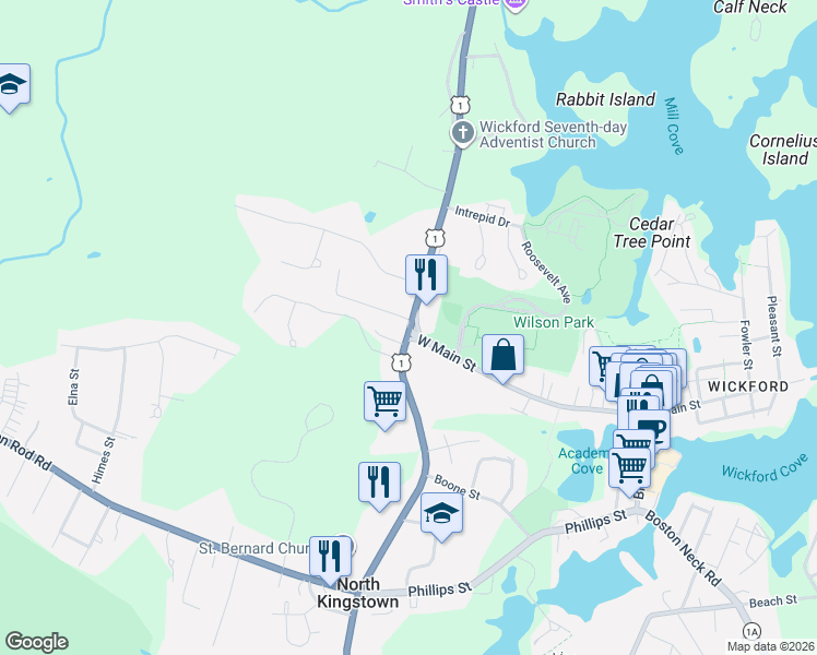 map of restaurants, bars, coffee shops, grocery stores, and more near 0 Stand Pipe Lane in North Kingstown