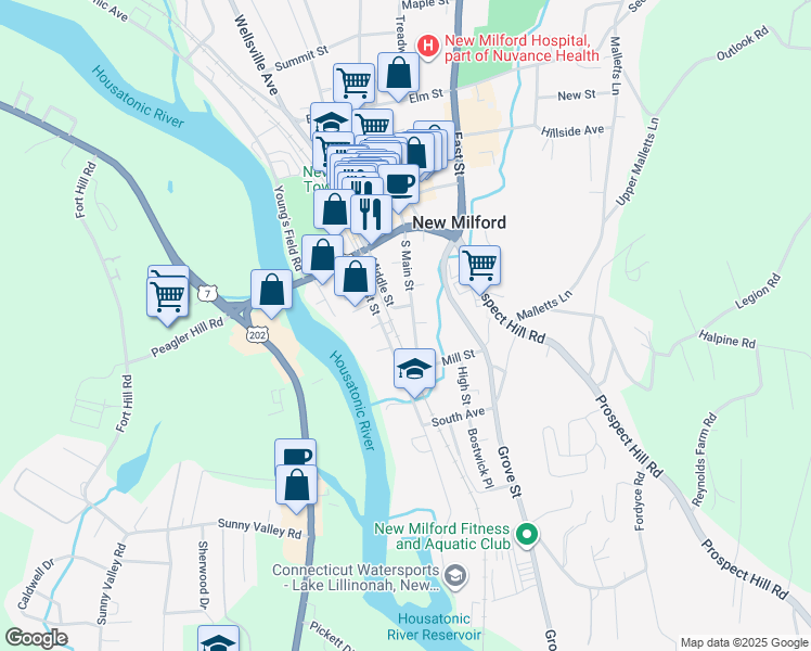 map of restaurants, bars, coffee shops, grocery stores, and more near 37 South Main Street in New Milford
