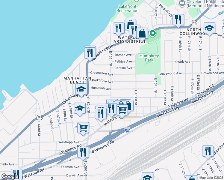 map of restaurants, bars, coffee shops, grocery stores, and more near 15610 Huntmere Avenue in Cleveland