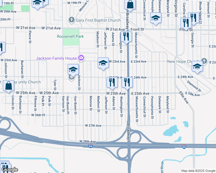 map of restaurants, bars, coffee shops, grocery stores, and more near 2436-2440 Jefferson Street in Gary