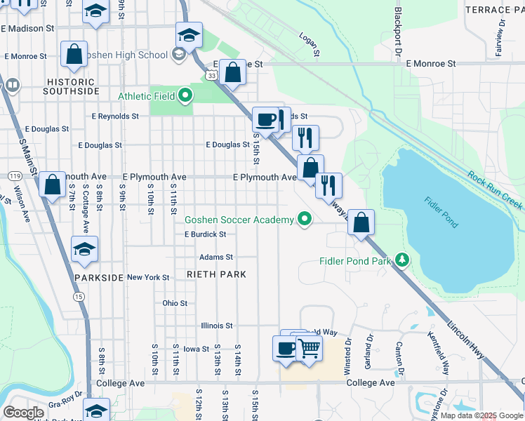 map of restaurants, bars, coffee shops, grocery stores, and more near 1004 South 15th Street in Goshen
