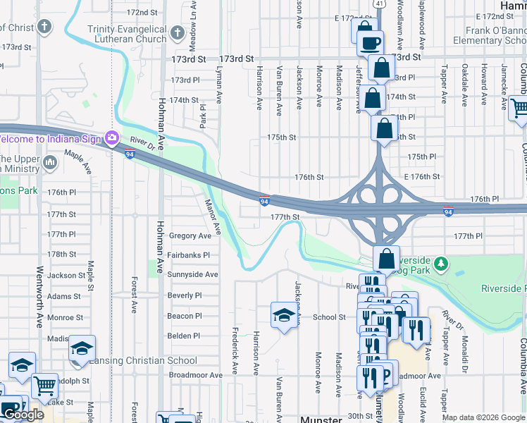 map of restaurants, bars, coffee shops, grocery stores, and more near 505 177th Street in Hammond