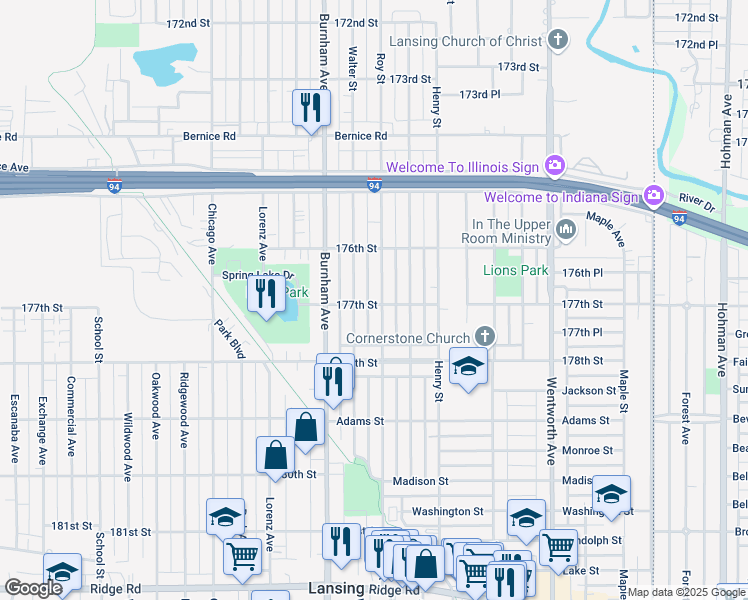map of restaurants, bars, coffee shops, grocery stores, and more near 17656 Roy Street in Lansing