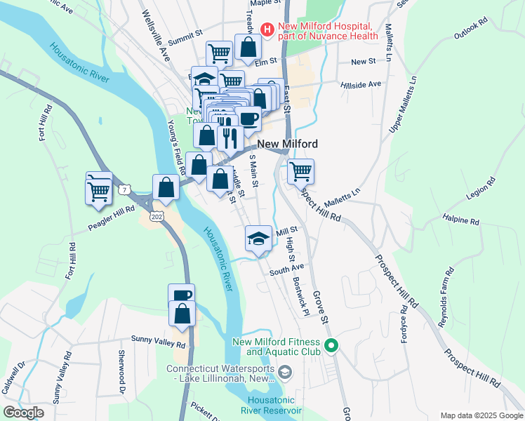 map of restaurants, bars, coffee shops, grocery stores, and more near 37 South Main Street in New Milford