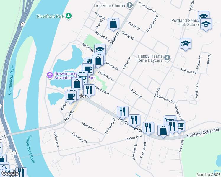 map of restaurants, bars, coffee shops, grocery stores, and more near 6 East Main Street in Portland