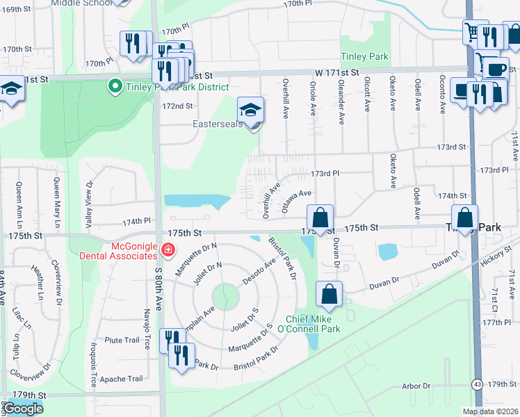 map of restaurants, bars, coffee shops, grocery stores, and more near 17374 Overhill Avenue in Tinley Park