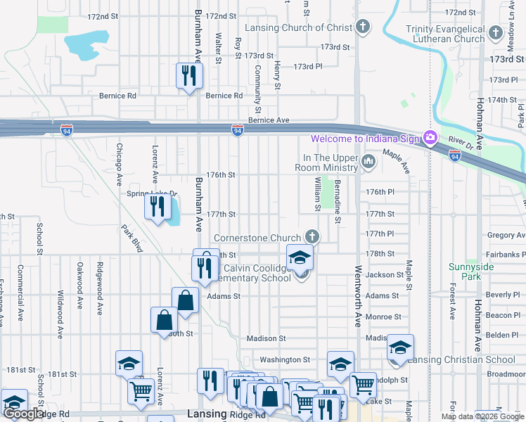 map of restaurants, bars, coffee shops, grocery stores, and more near 17657 Community Street in Lansing