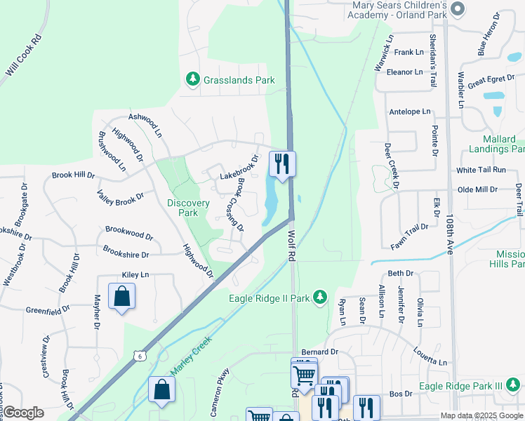 map of restaurants, bars, coffee shops, grocery stores, and more near 17335 Brook Crossing Court in Orland Park