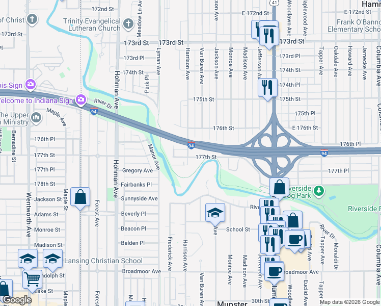 map of restaurants, bars, coffee shops, grocery stores, and more near 505 177th Street in Hammond