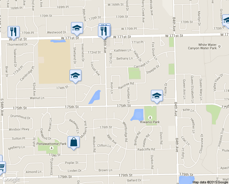 map of restaurants, bars, coffee shops, grocery stores, and more near 17405 Avon Lane in Tinley Park