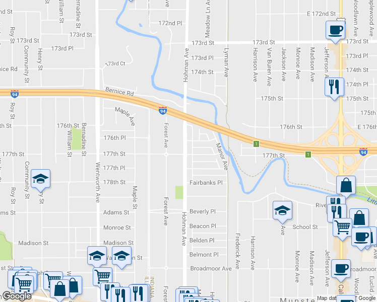map of restaurants, bars, coffee shops, grocery stores, and more near 7653 Hohman Avenue in Munster