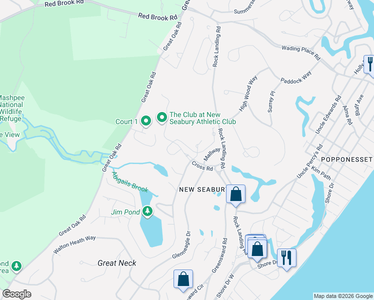 map of restaurants, bars, coffee shops, grocery stores, and more near 5 Saltwater Circle in Mashpee