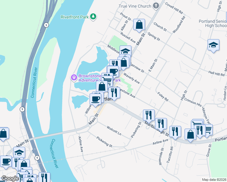 map of restaurants, bars, coffee shops, grocery stores, and more near 233 Main Street in Portland