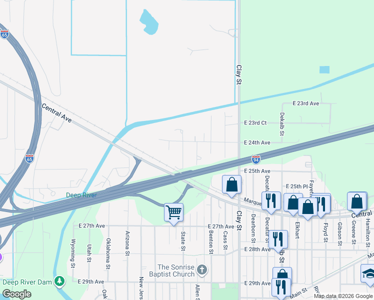 map of restaurants, bars, coffee shops, grocery stores, and more near 2409 State Street in Gary