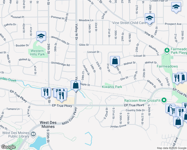 map of restaurants, bars, coffee shops, grocery stores, and more near 220 34th Street in West Des Moines