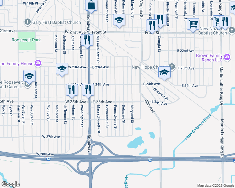 map of restaurants, bars, coffee shops, grocery stores, and more near 2451 Pennsylvania Street in Gary