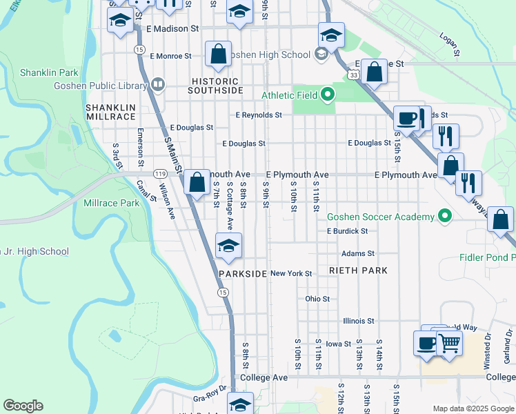 map of restaurants, bars, coffee shops, grocery stores, and more near 512 East Jackson Street in Goshen