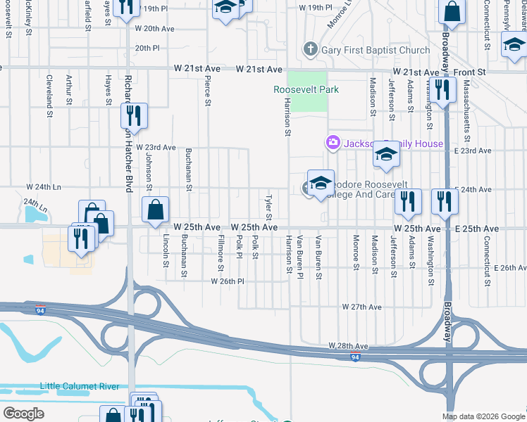 map of restaurants, bars, coffee shops, grocery stores, and more near 834 West 25th Avenue in Gary