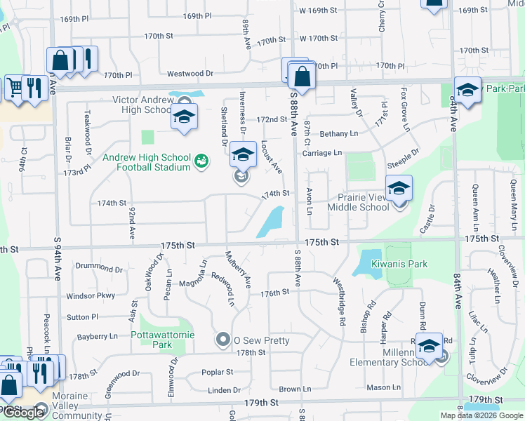 map of restaurants, bars, coffee shops, grocery stores, and more near 17413 Chestnut Drive in Tinley Park