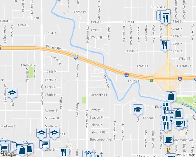 map of restaurants, bars, coffee shops, grocery stores, and more near 237 Adelaide Pl in Munster
